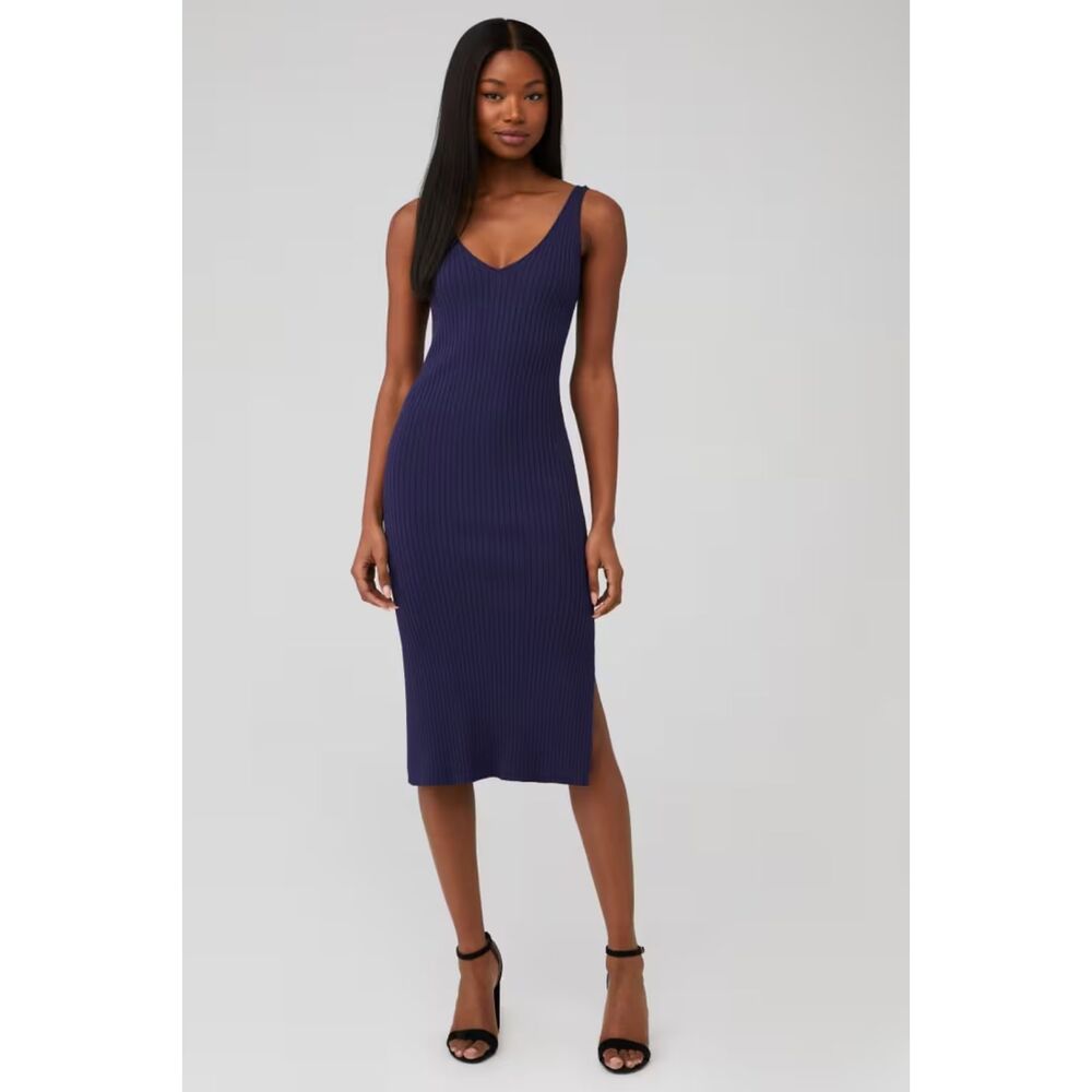 Line & Dot Purple Blue Ribbed Midi Dress | Size Small | Bodycon with Slit